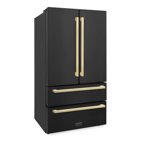 ZLINE Autograph Edition 36 in. 22.5 cu. ft. Counter-Depth French Door Refrigerator with Ice Maker in Fingerprint-Resistant Black Stainless Steel and Champagne Bronze Modern Handles (RFMZ-36-BS-FCB)