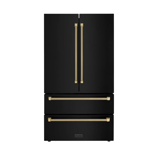 ZLINE Autograph Edition 36 in. 22.5 cu. ft. Counter-Depth French Door Refrigerator with Ice Maker in Fingerprint-Resistant Black Stainless Steel and Champagne Bronze Helix Handles (RFMZ-36-BS-KCB)