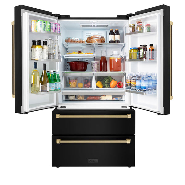 ZLINE Autograph Edition 36 in. 22.5 cu. ft. Counter-Depth French Door Refrigerator with Ice Maker in Fingerprint-Resistant Black Stainless Steel and Champagne Bronze Helix Handles (RFMZ-36-BS-KCB)
