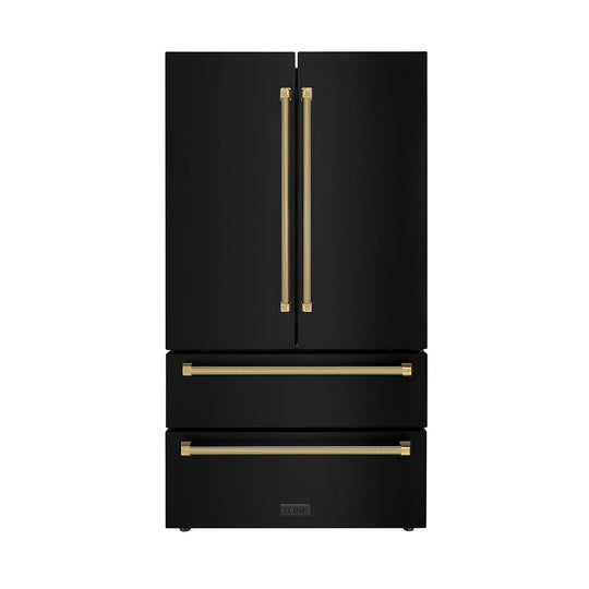 ZLINE Autograph Edition 36 in. 22.5 cu. ft. Counter-Depth French Door Refrigerator with Ice Maker in Fingerprint-Resistant Black Stainless Steel and Polished Gold Helix Handles (RFMZ-36-BS-KG)