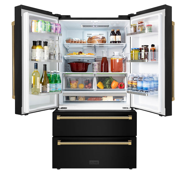 ZLINE Autograph Edition 36 in. 22.5 cu. ft. Counter-Depth French Door Refrigerator with Ice Maker in Fingerprint-Resistant Black Stainless Steel and Polished Gold Helix Handles (RFMZ-36-BS-KG)