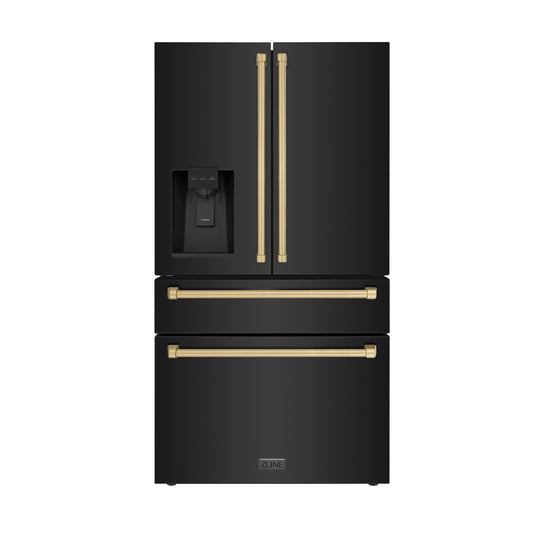 ZLINE Autograph Edition 36 in. 21.6 cu. ft Counter-Depth French Door Refrigerator with Water and Ice Dispenser in Fingerprint-Resistant Black Stainless Steel with Champagne Bronze Traditional Handles (RFMZ-W-36-BS-CB)