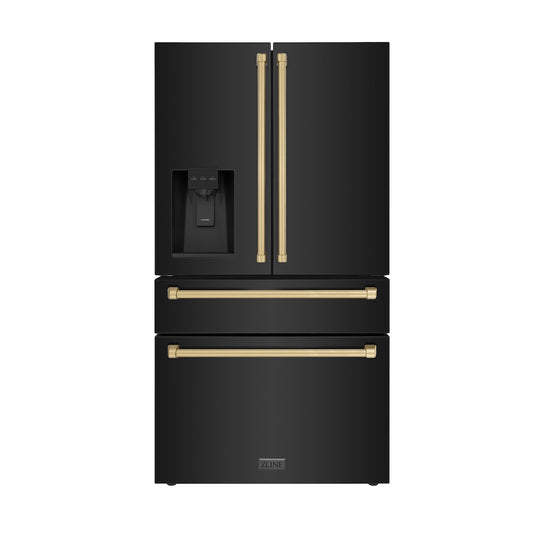 ZLINE Autograph Edition 36 in. 21.6 cu. ft Counter-Depth French Door Refrigerator with Water and Ice Dispenser in Fingerprint-Resistant Black Stainless Steel with Champagne Bronze Traditional Handles (RFMZ-W-36-BS-CB)