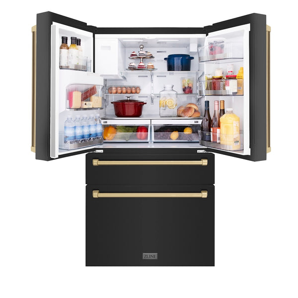 ZLINE Autograph Edition 36 in. 21.6 cu. ft Counter-Depth French Door Refrigerator with Water and Ice Dispenser in Fingerprint-Resistant Black Stainless Steel with Champagne Bronze Traditional Handles (RFMZ-W-36-BS-CB)