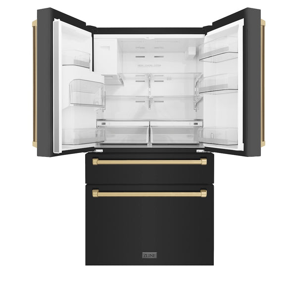 ZLINE Autograph Edition 36 in. 21.6 cu. ft Counter-Depth French Door Refrigerator with Water and Ice Dispenser in Fingerprint-Resistant Black Stainless Steel with Champagne Bronze Traditional Handles (RFMZ-W-36-BS-CB)