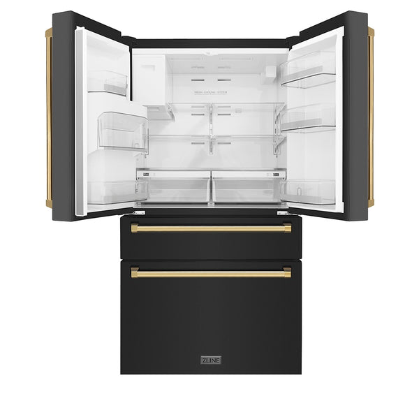 ZLINE Autograph Edition 36 in. 21.6 cu. ft. Counter-Depth French Door Refrigerator with Water and Ice Dispenser in Fingerprint-Resistant Black Stainless Steel with Polished Gold Traditional Handles (RFMZ-W-36-BS-G)