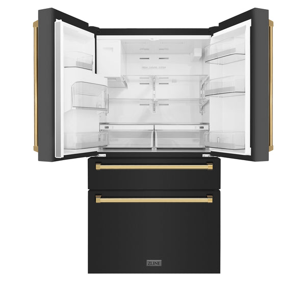 ZLINE Autograph Edition 36 in. 21.6 cu. ft. Counter-Depth French Door Refrigerator with Water and Ice Dispenser in Fingerprint-Resistant Black Stainless Steel with Polished Gold Traditional Handles (RFMZ-W-36-BS-G)