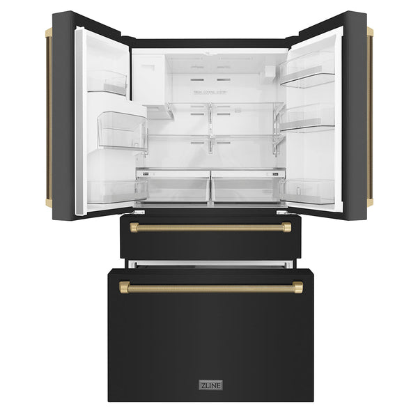 ZLINE Autograph Edition 36 in. 21.6 cu. ft. Counter-Depth French Door Refrigerator with Water and Ice Dispenser in Fingerprint-Resistant Black Stainless Steel with Champagne Bronze Helix Handles (RFMZ-W36-BS-KCB)
