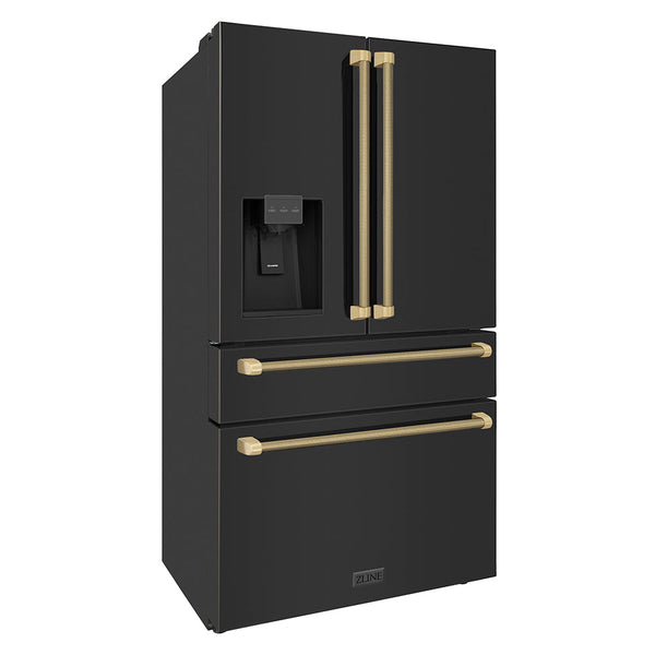 ZLINE Autograph Edition 36 in. 21.6 cu. ft. Counter-Depth French Door Refrigerator with Water and Ice Dispenser in Fingerprint-Resistant Black Stainless Steel with Champagne Bronze Helix Handles (RFMZ-W36-BS-KCB)