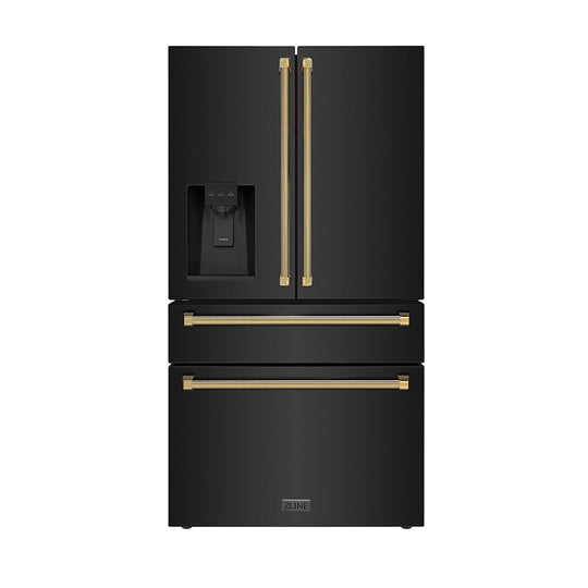 ZLINE Autograph Edition 36 in. 21.6 cu. ft. Counter-Depth French Door Refrigerator with Water and Ice Dispenser in Fingerprint-Resistant Black Stainless Steel with Polished Gold Helix Handles (RFMZ-W-36-BS-KG)