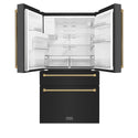 ZLINE Autograph Edition 36 in. 21.6 cu. ft. Counter-Depth French Door Refrigerator with Water and Ice Dispenser in Fingerprint-Resistant Black Stainless Steel with Polished Gold Helix Handles (RFMZ-W-36-BS-KG)