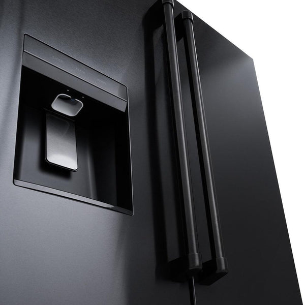 ZLINE 36" Standard-Depth French Door Black Stainless Steel Refrigerator (RSM-W-36-BS) handles close up.