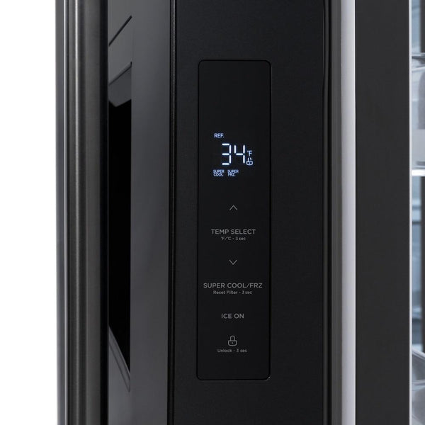 ZLINE 36" Standard-Depth French Door Black Stainless Steel Refrigerator (RSM-W-36-BS) close up, Digital LED Display and Temperature Control.