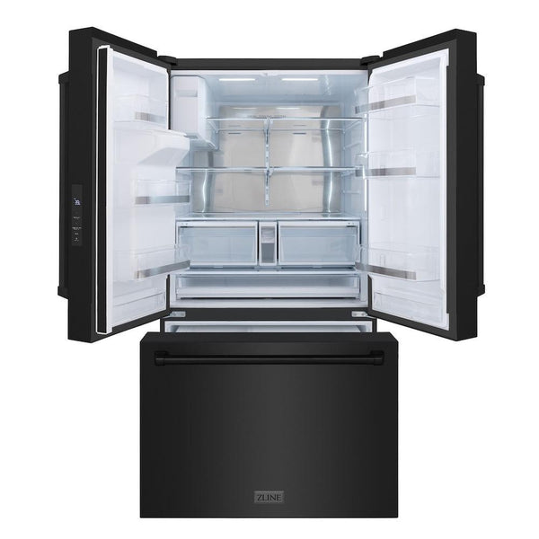 ZLINE 36" Standard-Depth French Door Black Stainless Steel Refrigerator (RSM-W-36-BS) front, doors and bottom freezer drawer open.