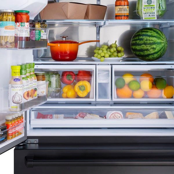 Food on adjustable shelving inside ZLINE 36 in. 28.9 cu. ft. Standard-Depth French Door External Water Dispenser Refrigerator with Dual Ice Maker in Black Stainless Steel (RSM-W-36-BS)