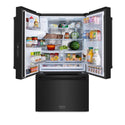 ZLINE 36 in. 28.9 cu. ft. Standard-Depth French Door External Water Dispenser Refrigerator with Dual Ice Maker in Black Stainless Steel (RSM-W-36-BS) front, doors open with food inside.
