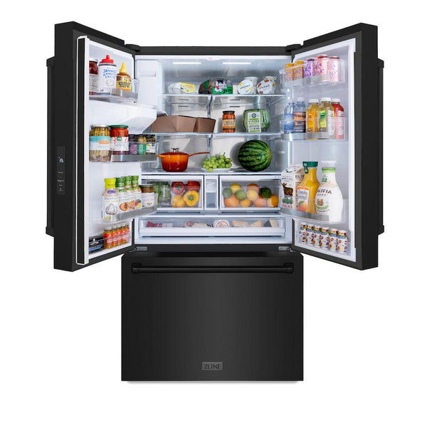 ZLINE 36 in. 28.9 cu. ft. Standard-Depth French Door External Water Dispenser Refrigerator with Dual Ice Maker in Black Stainless Steel (RSM-W-36-BS) front, doors open with food inside.