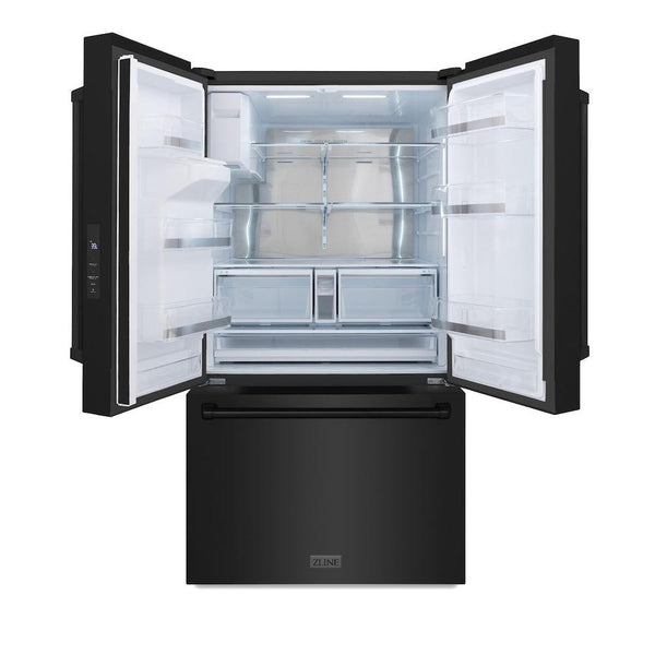 ZLINE 36 in. 28.9 cu. ft. Standard-Depth French Door External Water Dispenser Refrigerator with Dual Ice Maker in Black Stainless Steel (RSM-W-36-BS) front, doors open.