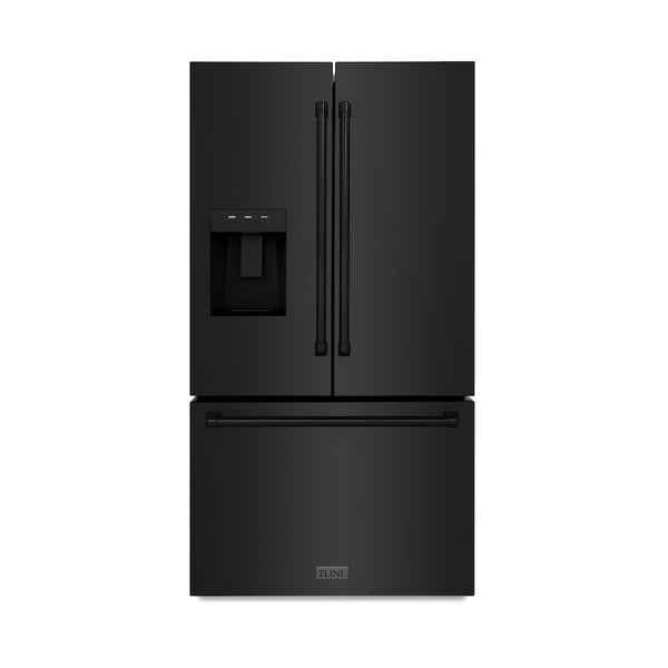 ZLINE 36 in. 28.9 cu. ft. Standard-Depth French Door External Water Dispenser Refrigerator with Dual Ice Maker in Black Stainless Steel (RSM-W-36-BS) front.
