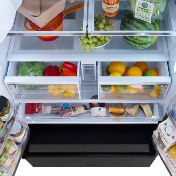 Food inside ZLINE 36" Standard-Depth French Door Black Stainless Steel Refrigerator (RSM-W-36-BS) from above