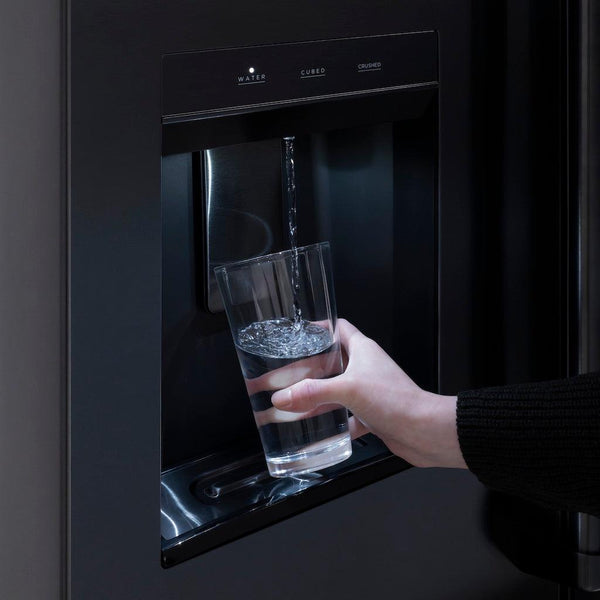 ZLINE 36 in. 28.9 cu. ft. Standard-Depth French Door External Water Dispenser Refrigerator with Dual Ice Maker in Black Stainless Steel (RSM-W-36-BS) features an external water and ice dispenser.