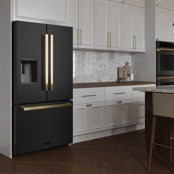 ZLINE Autograph Edition 36 in. 28.9 cu. ft. Standard-Depth French Door External Water Dispenser Refrigerator with Dual Ice Maker in Fingerprint-Resistant Black Stainless Steel and Polished Gold Modern Handles (RSMZ-W-36-BS-FG)