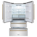 ZLINE 36 in. Freestanding French Door Refrigerator front with doors and bottom freezer drawers open and internal LED lights on.