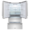 ZLINE 36 in. Freestanding French Door Refrigerator front with doors and bottom freezer drawers open and internal LED lights on.