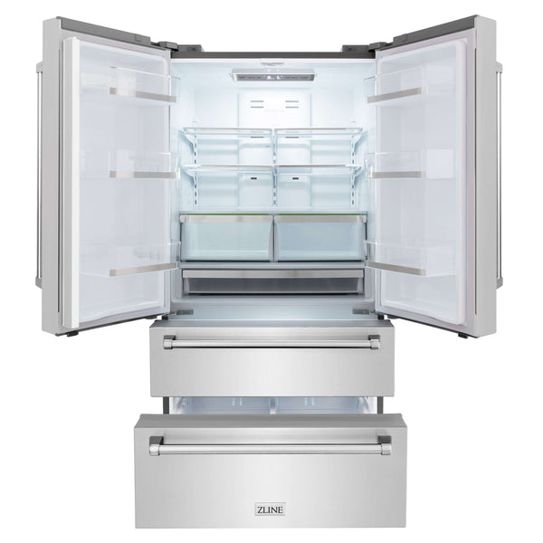 ZLINE 36 in. Freestanding French Door Refrigerator front with doors and bottom freezer drawers open and internal LED lights on.