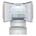 ZLINE 36 in. Freestanding French Door Refrigerator front with doors and bottom freezer drawers open and internal LED lights on.