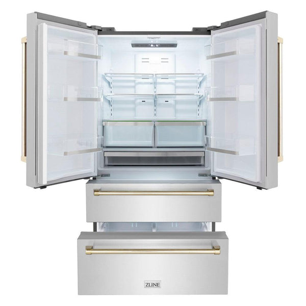 ZLINE 36 in. Freestanding French Door Refrigerator front with doors and bottom freezer drawers open and internal LED lights on.