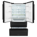 ZLINE 36 in. Freestanding French Door Refrigerator with Ice Maker in Black Stainless Steel (RFM-36-BS) front, doors and bottom freezer drawers open.