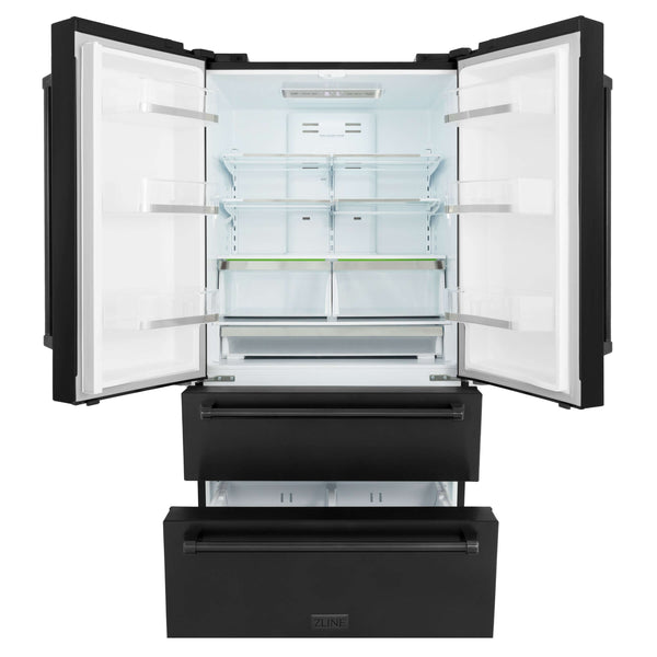 ZLINE 36 in. Black Stainless Steel French Door Refrigerator front with doors and bottom freezer drawers open and internal LED lights on.