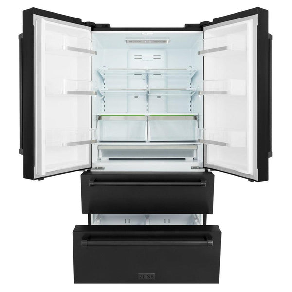 ZLINE 36 in. Freestanding French Door Refrigerator with Ice Maker in Black Stainless Steel (RFM-36-BS) front, doors and bottom freezer drawers open.