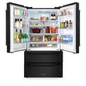 ZLINE 36 in. Freestanding French Door Refrigerator with Ice Maker in Black Stainless Steel (RFM-36-BS) front, doors open with food inside.