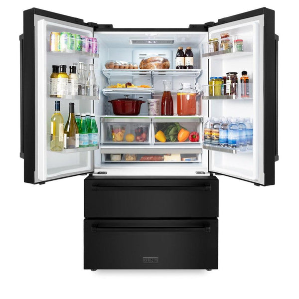 ZLINE 36 in. Freestanding French Door Refrigerator with Ice Maker in Black Stainless Steel (RFM-36-BS) front, doors open with food inside.