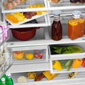 Food and beverages on adjustable shelving from above inside ZLINE Autograph Edition 36 in. 22.5 cu. ft Freestanding French Door Refrigerator with Ice Maker in Fingerprint Resistant Black Stainless Steel with Champagne Bronze Accents (RFMZ-36-BS-CB)