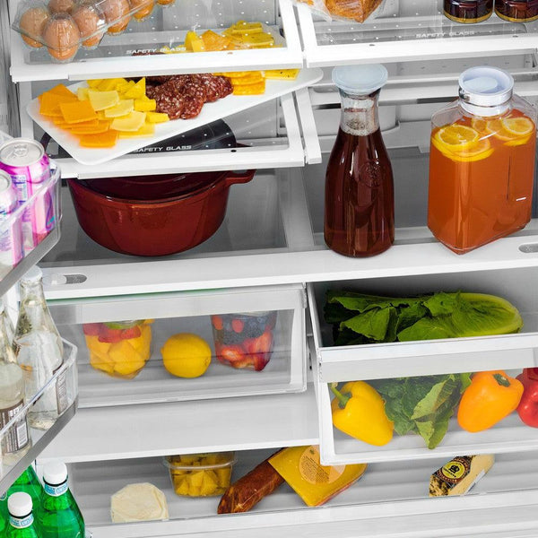 Food and beverages on adjustable shelving from above inside ZLINE Autograph Edition 36 in. 22.5 cu. ft Freestanding French Door Refrigerator with Ice Maker in Fingerprint Resistant Black Stainless Steel with Champagne Bronze Accents (RFMZ-36-BS-CB)