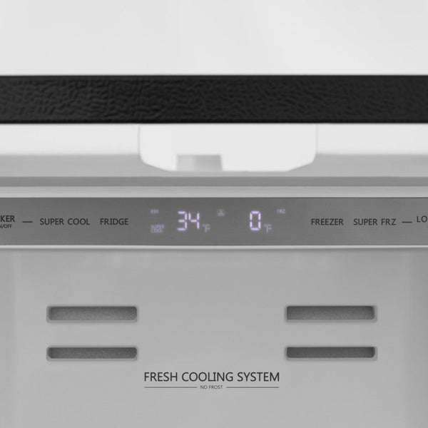 ZLINE Autograph Edition 36 in. 22.5 cu. ft Freestanding French Door Refrigerator with Ice Maker in Fingerprint Resistant Black Stainless Steel with Champagne Bronze Accents (RFMZ-36-BS-CB) uses a fresh cooling system to easily adjust and maintain temperature.