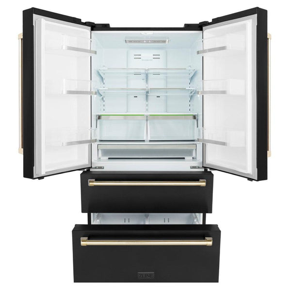 ZLINE 36 in. Black Stainless Steel French Door Refrigerator front with doors and bottom freezer drawers open and internal LED lights on.