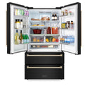 ZLINE 36 in. Black Stainless Steel French Door Refrigerator with doors open showing food inside illuminated by built-in LED lighting.