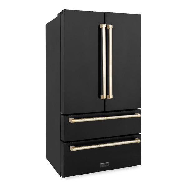 ZLINE Autograph Edition 36 in. 22.5 cu. ft Freestanding French Door Refrigerator with Ice Maker in Fingerprint Resistant Black Stainless Steel with Polished Gold Accents (RFMZ-36-BS-G) side, closed.
