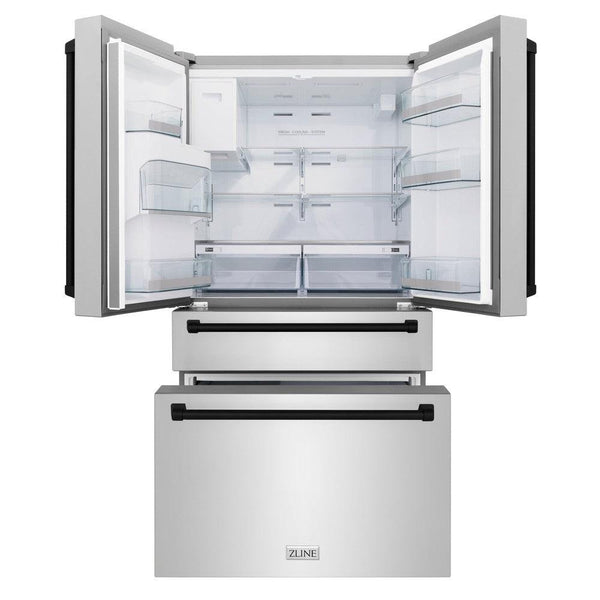 ZLINE 36 in. Freestanding French Door Refrigerator front with doors and bottom freezer drawers open and internal LED lights on.