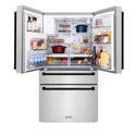 ZLINE Autograph Edition 36 in. 21.6 cu. ft Freestanding French Door Refrigerator with Water Dispenser in Stainless Steel with Matte Black Accents (RFMZ-W-36-MB) front, refrigeration compartment open with food inside and LED lighting activated.