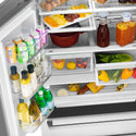 Food and beverages on adjustable shelving from above inside ZLINE Autograph Edition 36 in. 22.5 cu. ft Freestanding French Door Refrigerator with Ice Maker in Fingerprint Resistant Stainless Steel with Champagne Bronze Accents (RFMZ-36-CB)