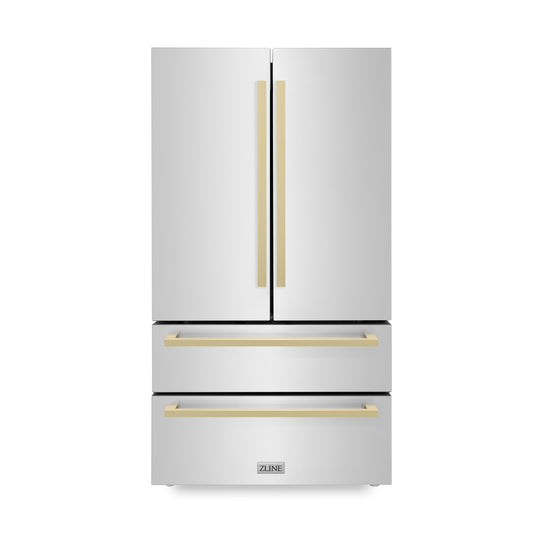 ZLINE Autograph Edition 36 in. 22.5 cu. ft. Counter-Depth French Door Refrigerator with Ice Maker in Fingerprint-Resistant Stainless Steel with Champagne Bronze Modern Handles (RFMZ-36-FCB)