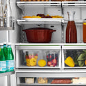 Close-up of food and beverages on adjustable shelving from front inside ZLINE Autograph Edition 36 in. 22.5 cu. ft Freestanding French Door Refrigerator with Ice Maker in Fingerprint Resistant Stainless Steel with Polished Gold Accents (RFMZ-36-G)