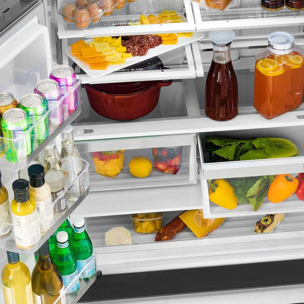 ZLINE 36" French door refrigerator with food and beverages inside on adjustable shelving.
