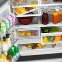 Food and beverages on adjustable shelving from above inside ZLINE Autograph Edition 36 in. 22.5 cu. ft Freestanding French Door Refrigerator with Ice Maker in Fingerprint Resistant Stainless Steel with Polished Gold Accents (RFMZ-36-G)