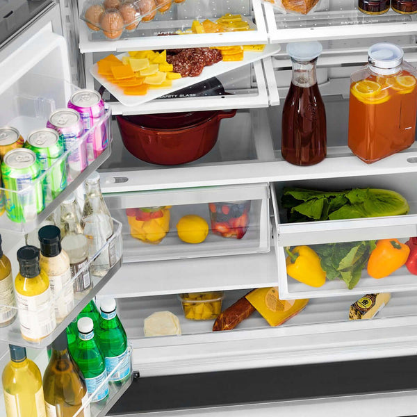 Food and beverages on adjustable shelving from above inside ZLINE Autograph Edition 36 in. 22.5 cu. ft Freestanding French Door Refrigerator with Ice Maker in Fingerprint Resistant Stainless Steel with Polished Gold Accents (RFMZ-36-G)